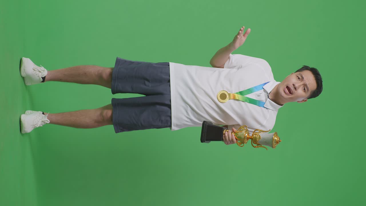 황금 메달을 가진 아시안 남자의 몸은 스튜디오의 녹색 스크린 배경에서 트로피를 의심스럽게보고 있습니다.