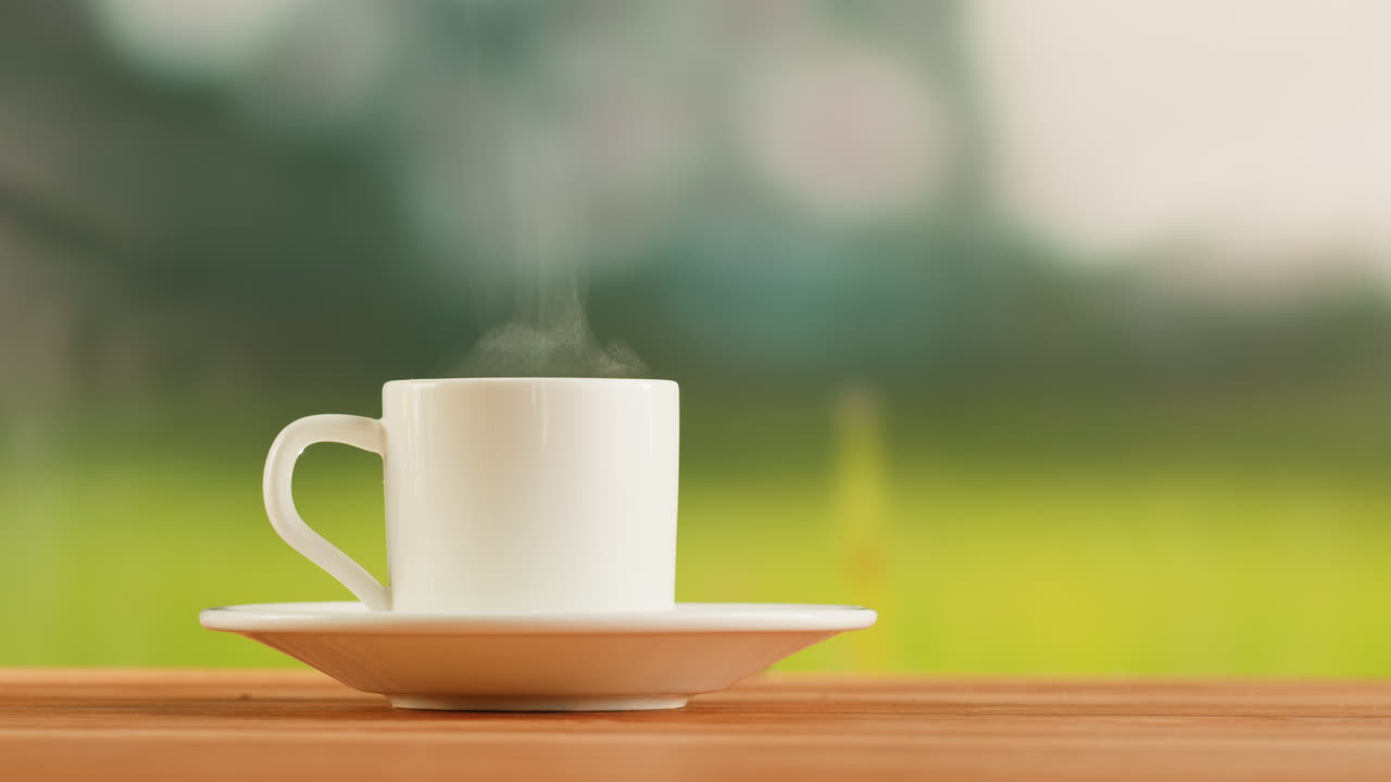 Steaming White Coffee Cup on a Wooden Table
