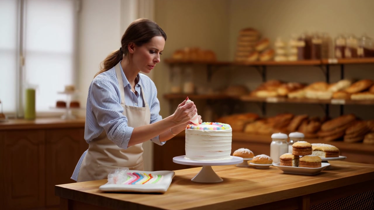 Женщина в фартуке аккуратно украшает глазированный торт на деревянном столе внутри уютной пекарни, с полками хлеба и выпечки, мягко освещенными на заднем плане.