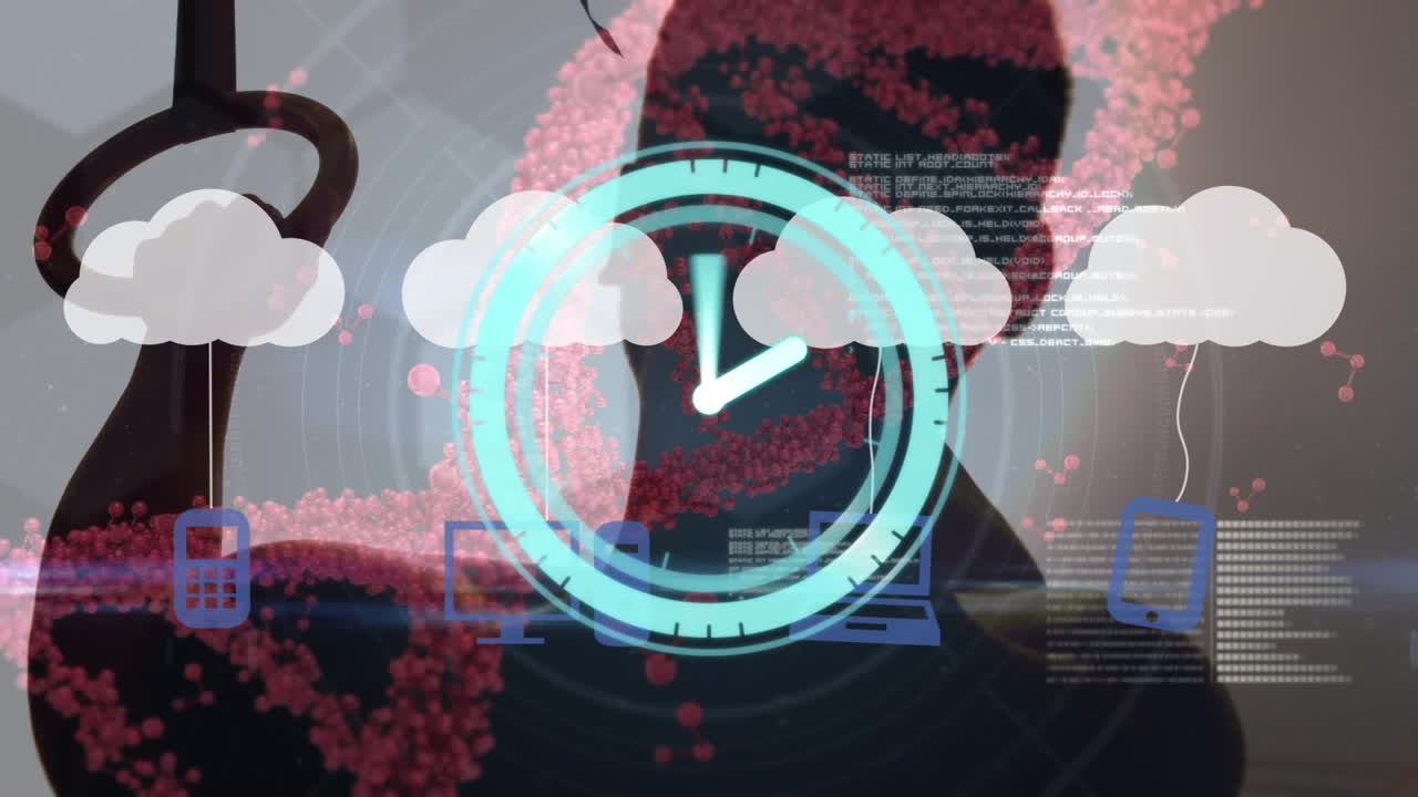 체육관에서 운동하는 스포츠맨 위에 시계 움직임과 미디어 아이콘의 애니메이션