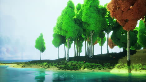 vibrant nature scene with lush trees and a calm lake in daylight
