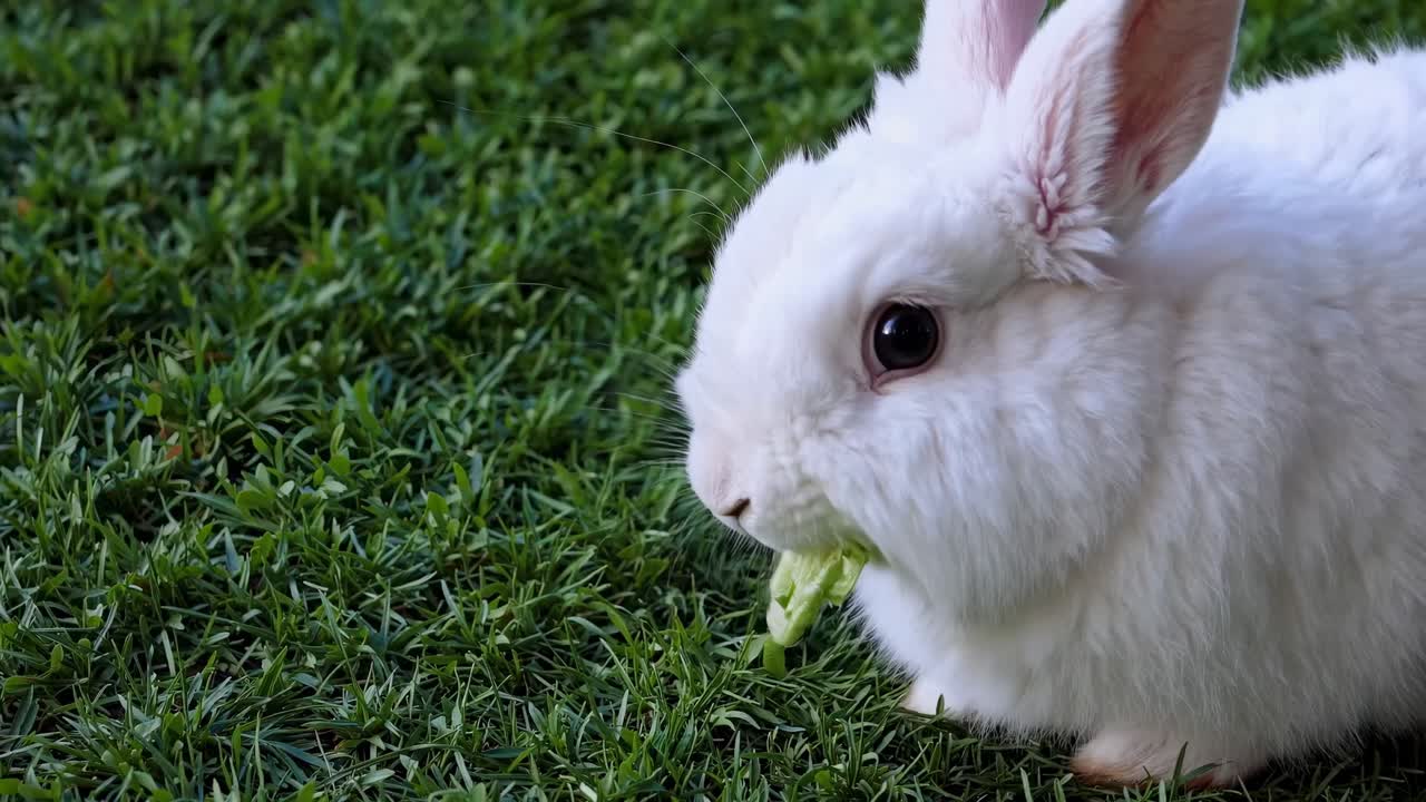 Close-up video of a fluffy white rabbit eating lettuce on green grass