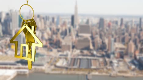 animation of gold house key and fob over out of focus cityscape