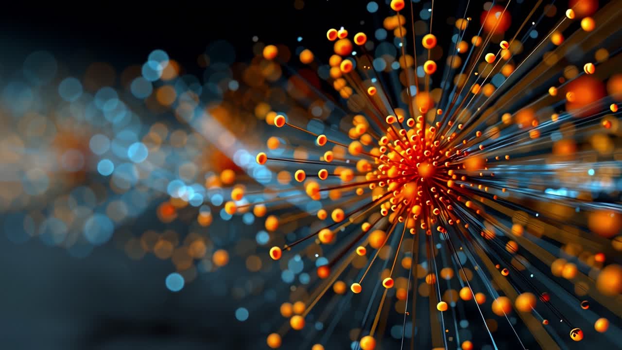 Dynamic Visualization of Particles in Motion, Showcasing a Vibrant Blend of Orange and Blue Elements, Representing Molecular Interactions and Scientific Concepts in a Futuristic Setting