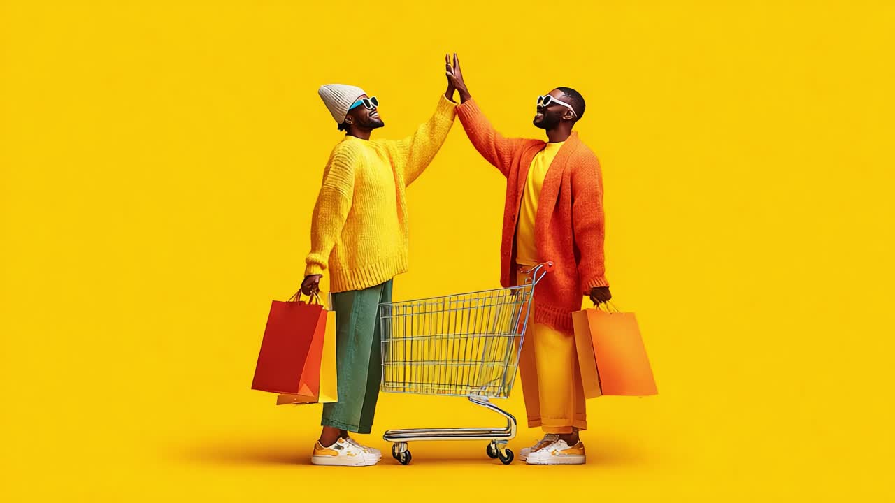Two fashionable individuals sharing a joyful moment while shopping, dressed in vibrant colors against a bright yellow background, showcasing friendship and fun in a retail setting