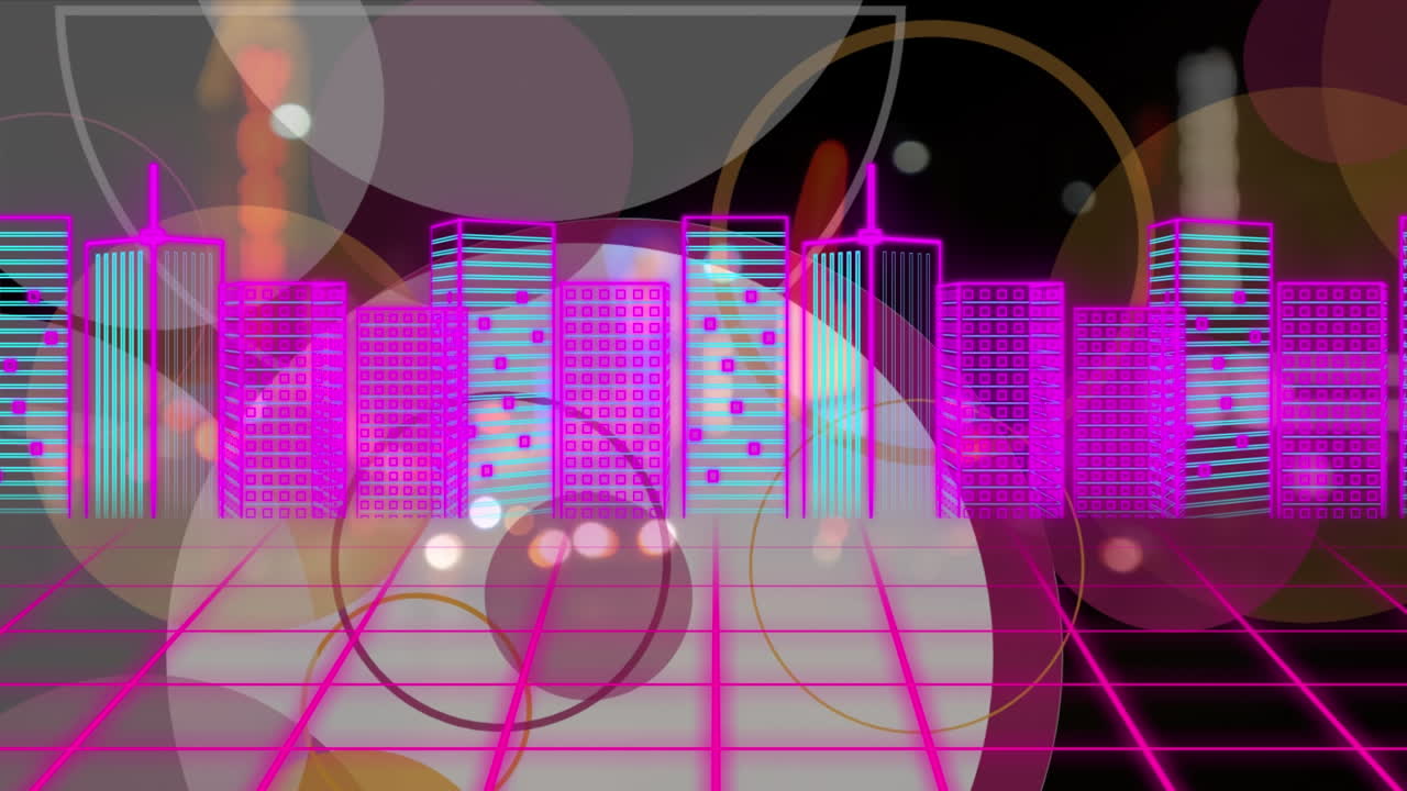 animación del paisaje digital de la ciudad y los círculos sobre un fondo borroso