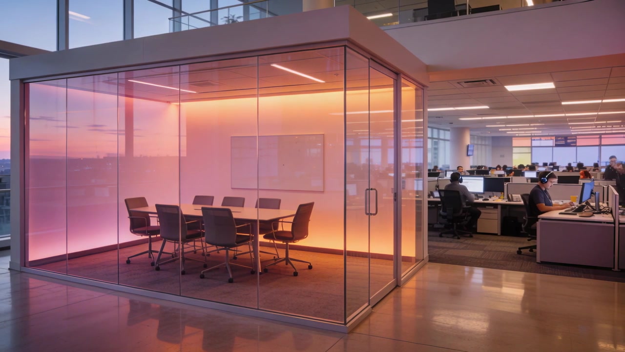 Displaying glass room LED lights shifting in open office as sunset prompts staff in shirts passing