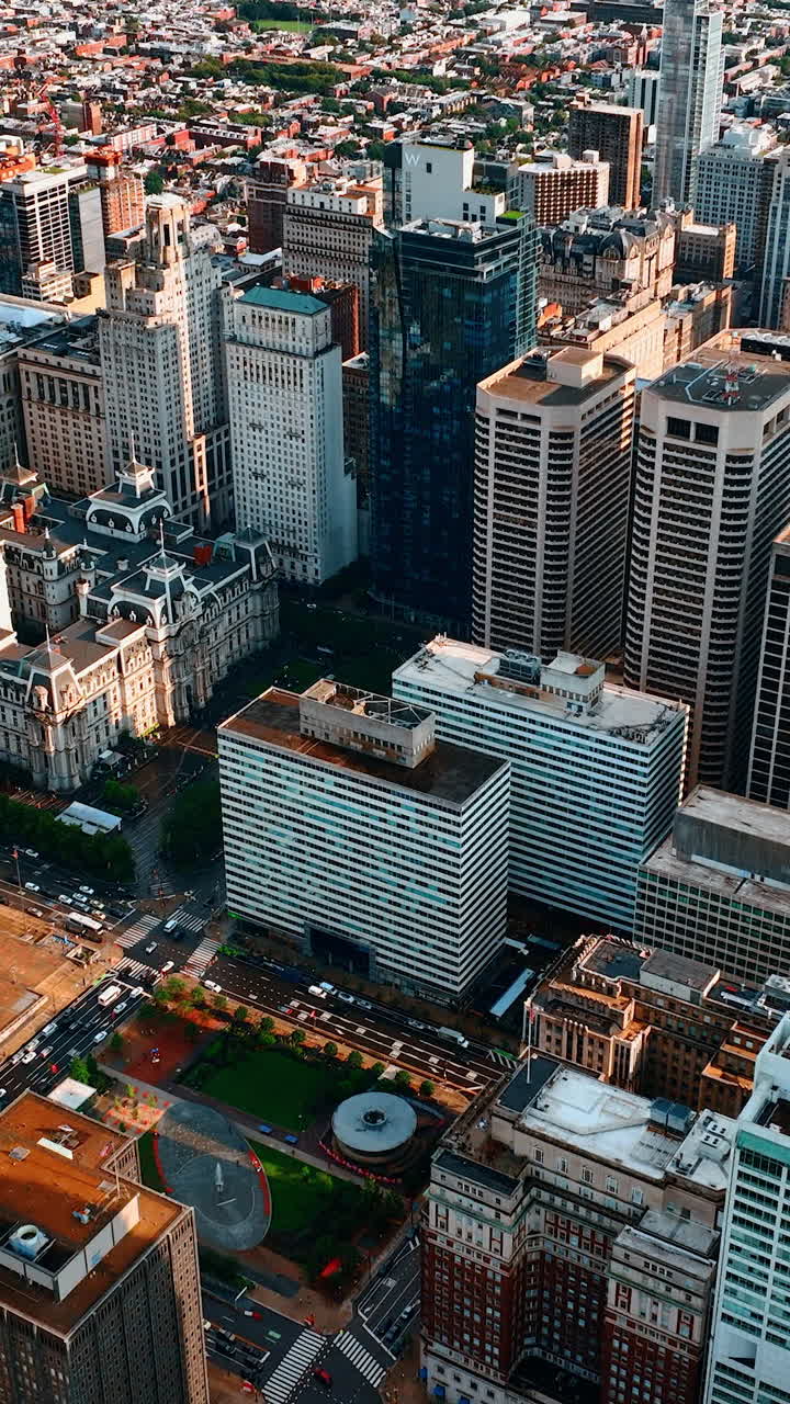 Eye-catching view of the skyscraper complex in Philadelphia. Daytime drone footage over the city. Vertical video