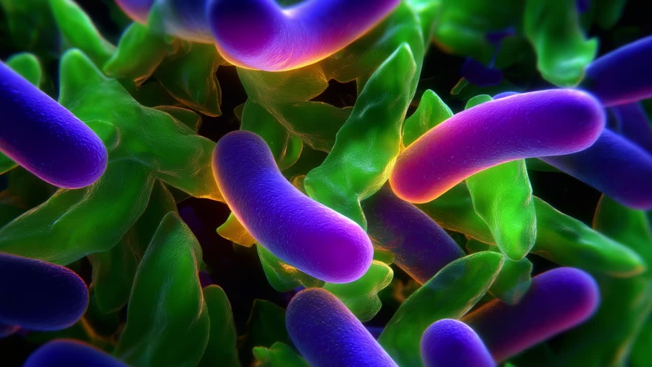 Intricate Microscopic Visual of Bacterial Life: A Stunning Exploration of Vibrantly Colored Bacteria Interacting Amongst Lush Green Algae, Highlighting the Diverse and Complex Microbial Ecosystem