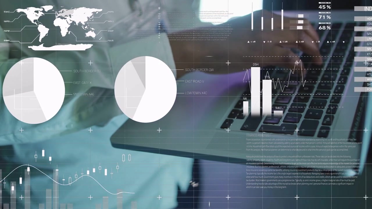 Woman analyst typing on laptop, animating HUD charts into business dashboard for real time analysis
