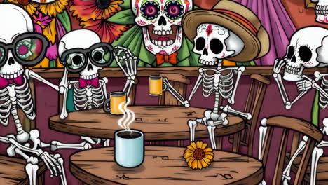 day of the dead skeletons gathering in a cafe