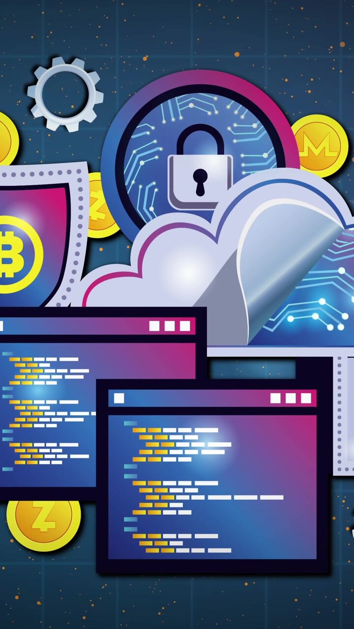 Vídeo vertical: Enquadramento mostrando grupo de tecnologia estático e exibindo ícones de segurança de criptomoedas
