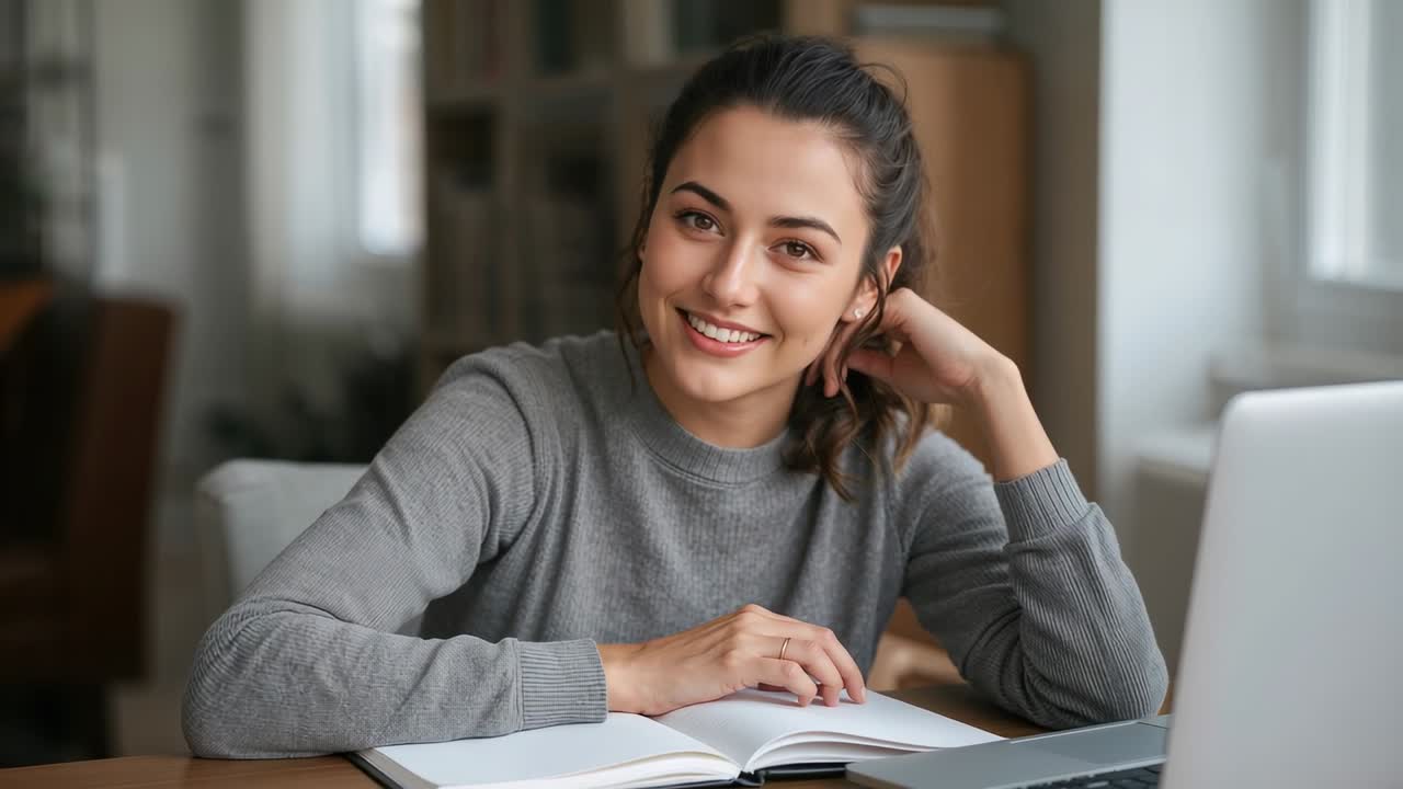 Mulher com suéter cinza lendo laptop e estudando em home office, com caderno visível