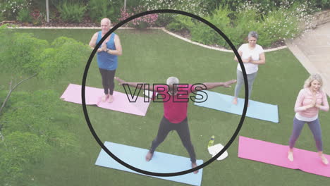 vibes texto contra dos ancianos pareja diversa realizando ejercicios de estiramiento en el jardín