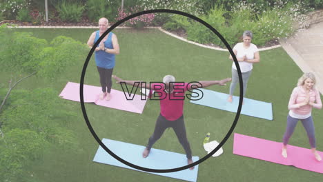 vibes text against two senior diverse couple performing stretching exercise in the garden