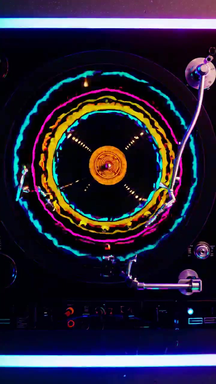 Disco de vinilo girando con vibrantes patrones de luz psicodélicos