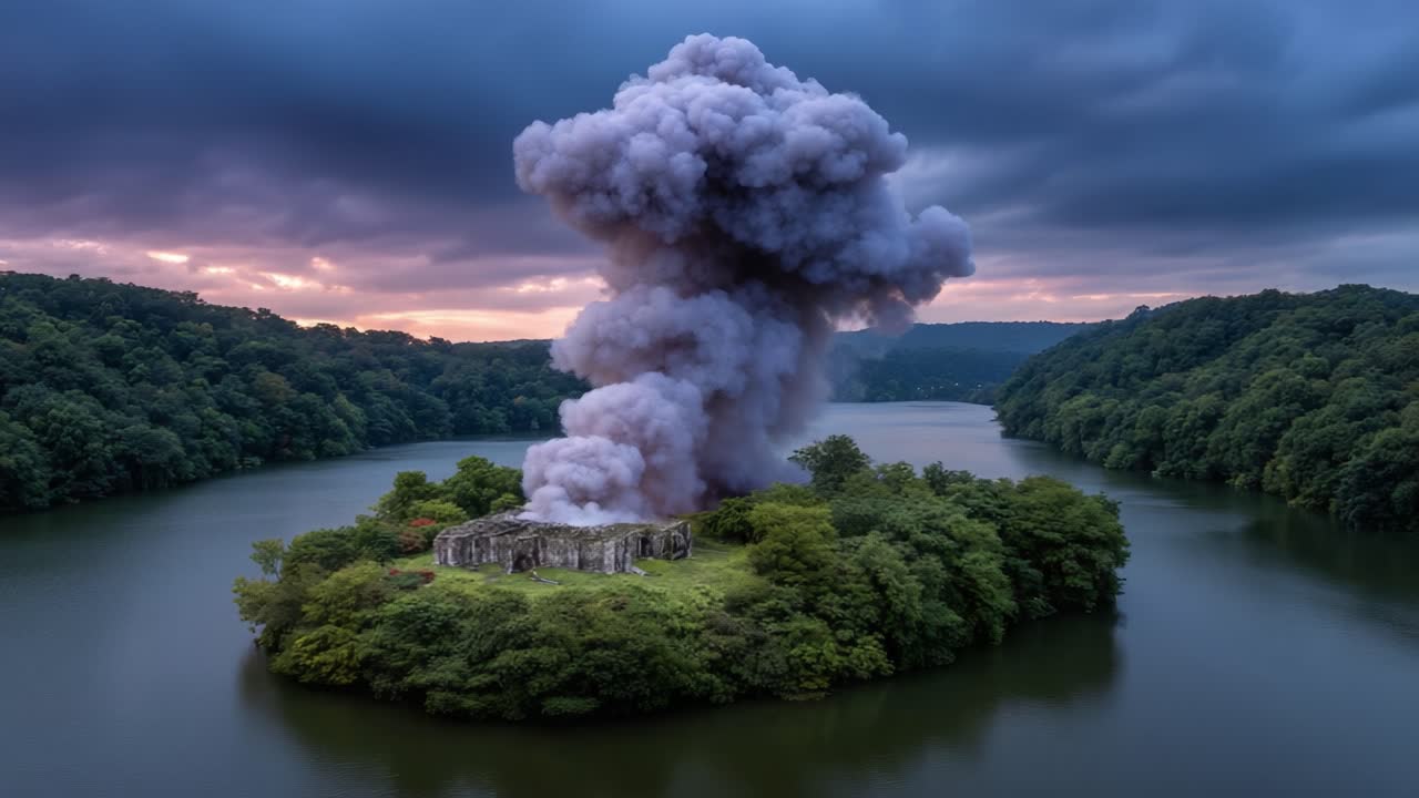 An ethereal view of a small island surrounded by water, engulfed in a colossal plume of dark smoke rising ominously into the sky, capturing a dramatic and intense moment of nature's forces