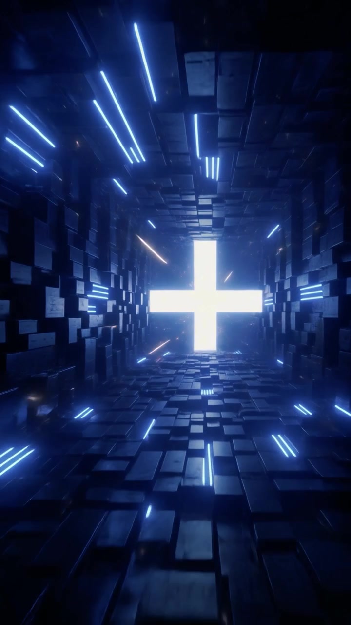 Futuristic Tunnel with Glowing Plus Sign and Moving Light Streaks