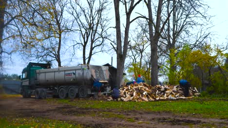 timelapse or time lapse of a tractor loading firewood and timber onto a truck during autumn time while multiple people throw wood into the lorry vehicle by hand. beautiful cloudy day, fallen leaves.