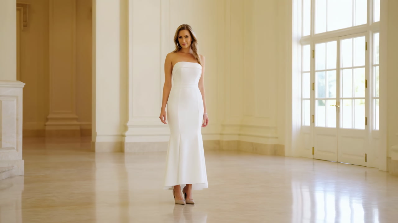 Caucasian Woman In Strapless Gown Hall Soft Sunlight Floods Grand Interior Model Walks Across Marble Floor