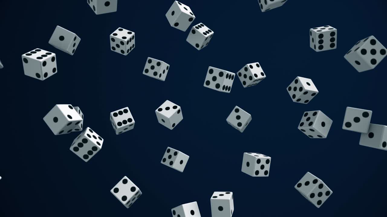 muchos dados. animación. muchos cubos de juego en movimiento y giratorios en la ingravidez en un fondo cerrado. concepto de juego. probabilidad de obtener la combinación correcta de dados
