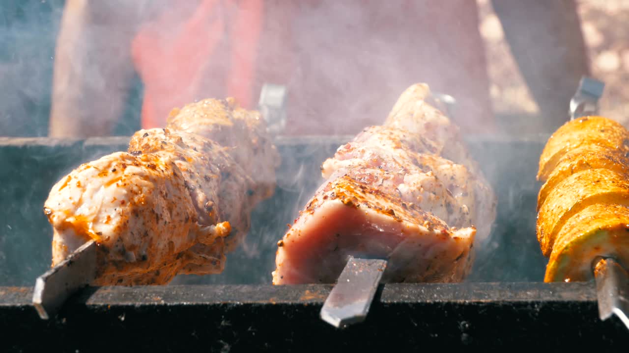 야생에서 그릴에 요리 된 shish kebab. 거리 음식. 개에 긴 고기