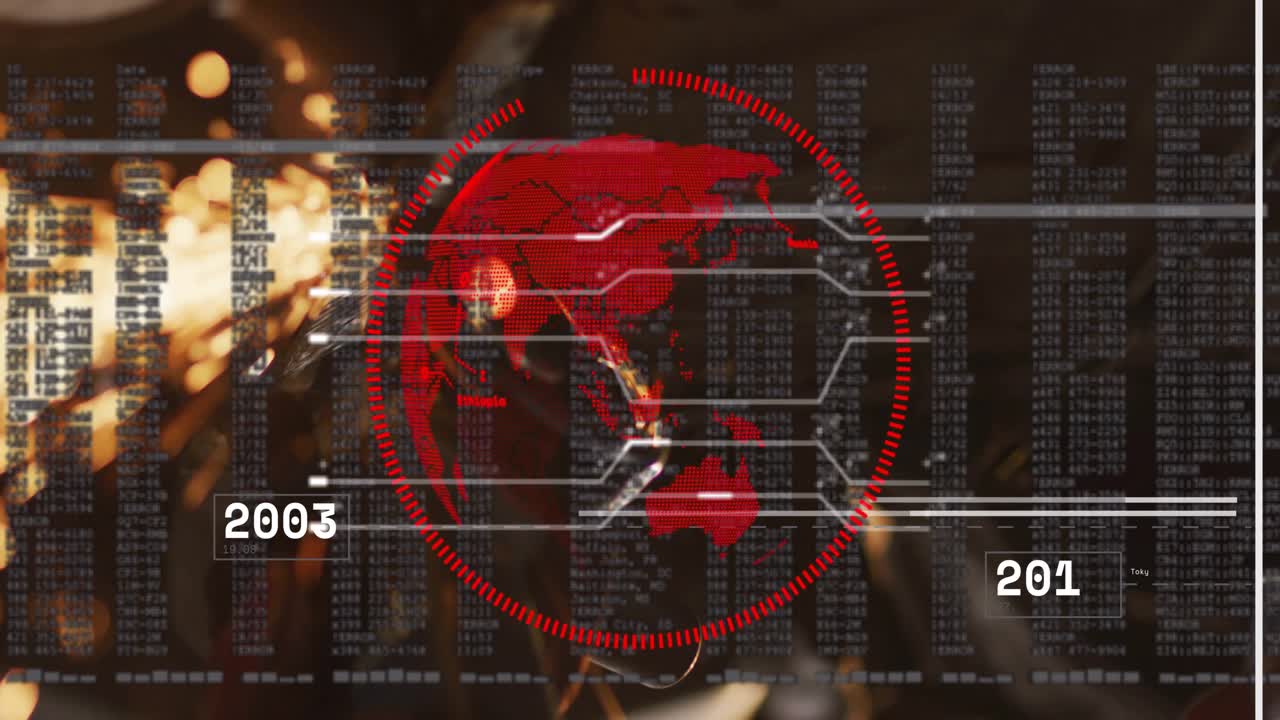 Rotating grinder sparking digital globe flashing years pulsing circuits showing data columns