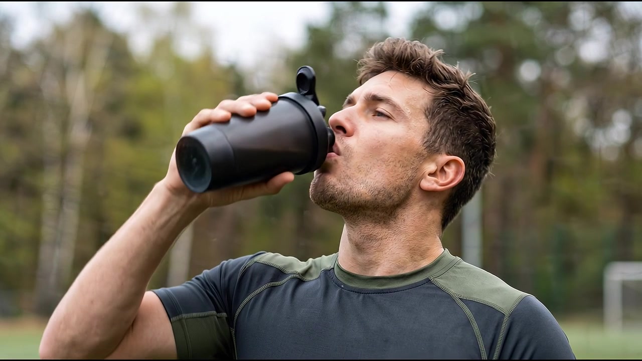 Atleta che beve acqua dopo l'allenamento a supporto dell'idratazione e del recupero.