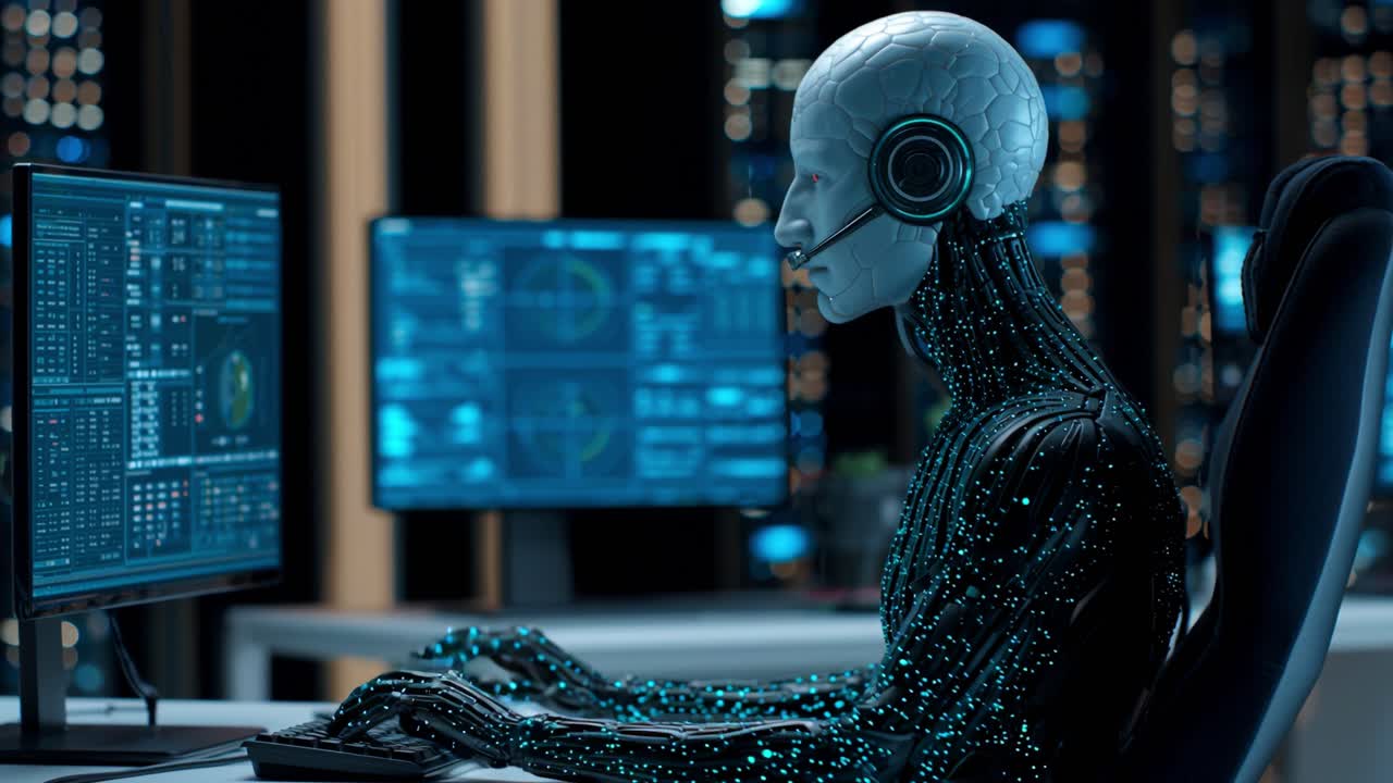 A futuristic humanoid robot, featuring a sleek design and a glowing surface, interacts with advanced technology while wearing a headset, showcasing an innovative computing environment
