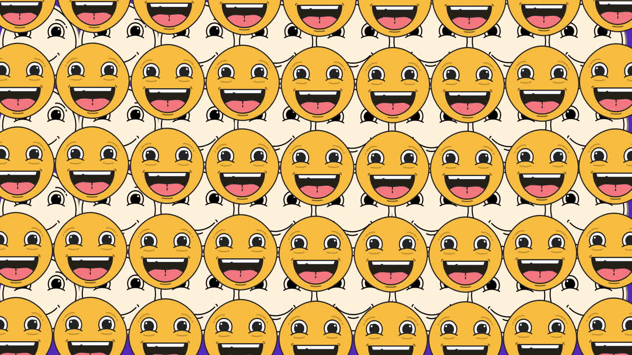 animación de caras sonrientes que se mueven sobre un fondo violeta