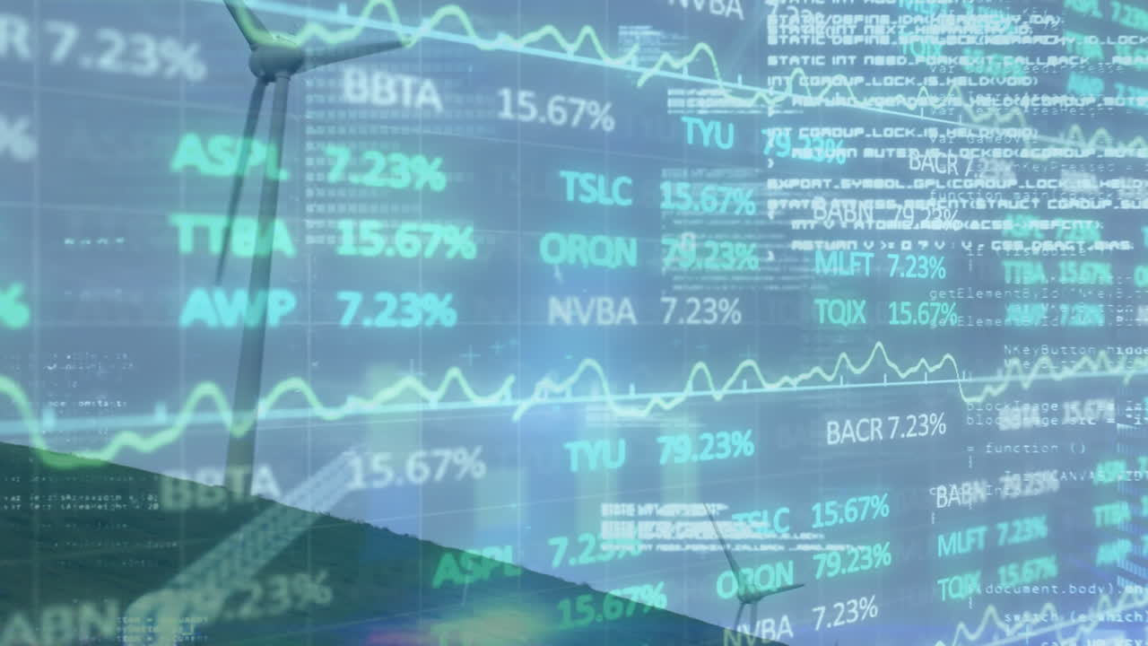 animación del procesamiento de datos financieros a través de la turbina eólica