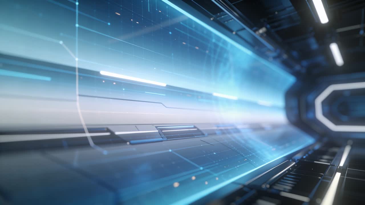 Kamera bevæger sig gennem en tech-tunnel, der aktiverer hologrammer og gitterscanner væggene, og afslører en portal.