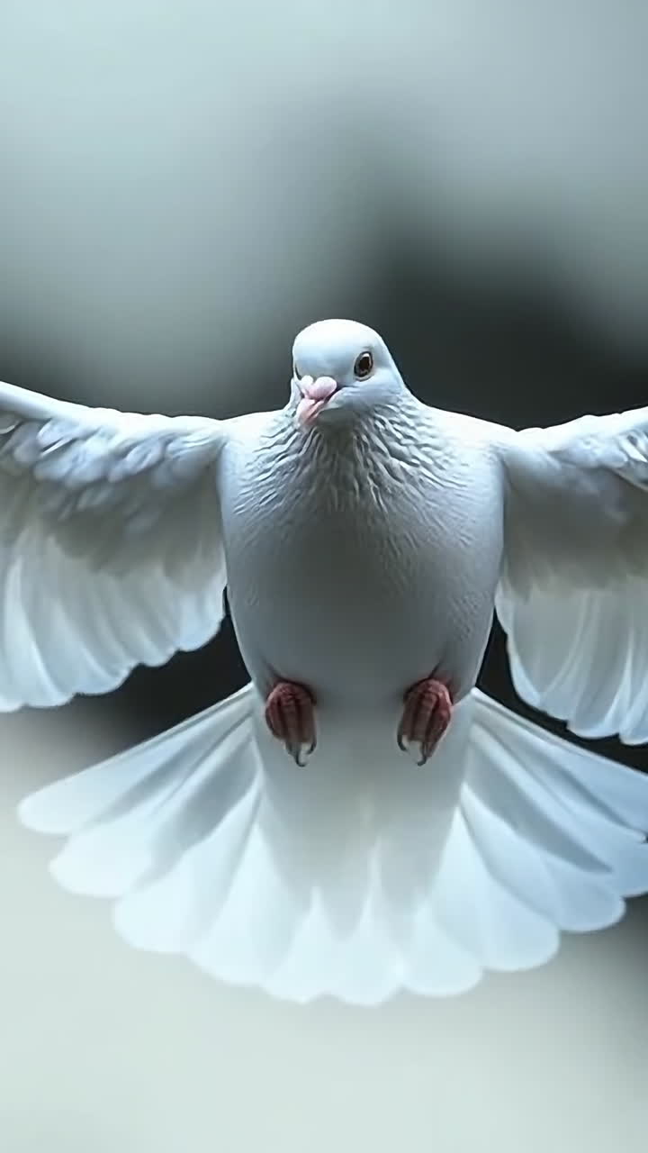 A white dove soars gracefully in the air. A white dove glides gracefully with wings spread wide