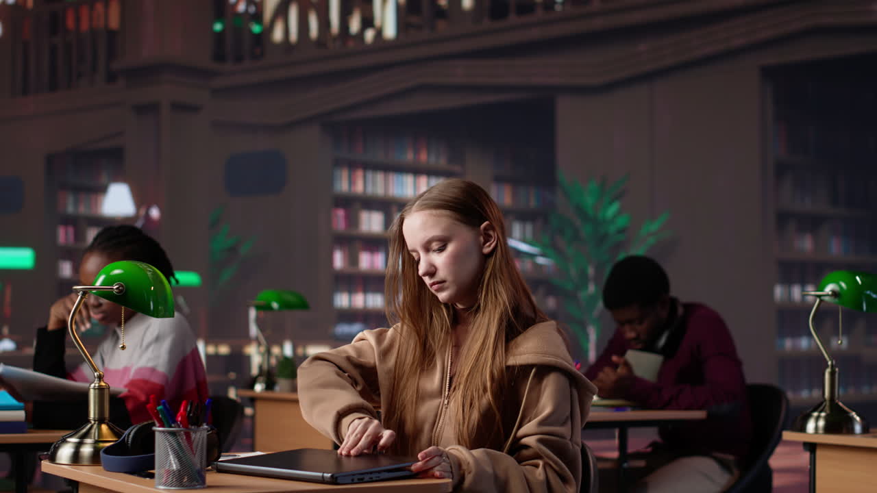 Vertical video student girl reading literature book to collect citations for diploma paper