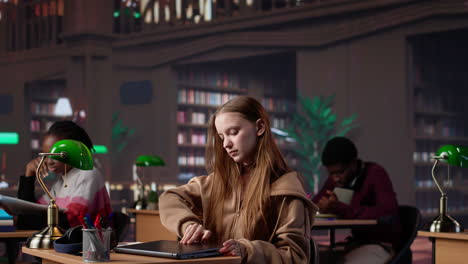 vertical video student girl reading literature book to collect citations for diploma paper