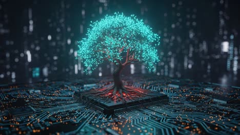 a digital tree thriving on circuitry: a visual representation of nature merging with technology in a futuristic landscape of a vibrant, neon forest