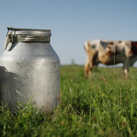 Milchbidons-Auf-Einer-Weide,-Während-Eine-Kuh-Auf-Einer-Wiese-Weidet-1