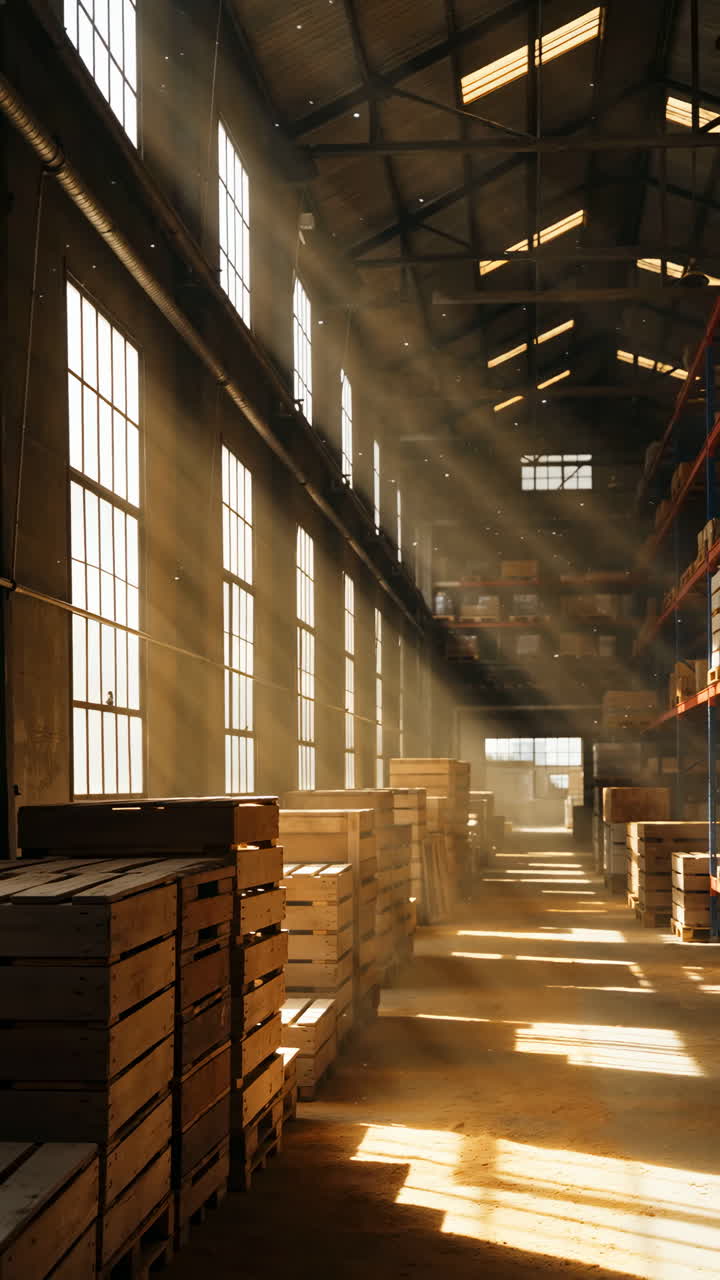 Sunlit Warehouse Interior with Wooden Crates and Dust Particles