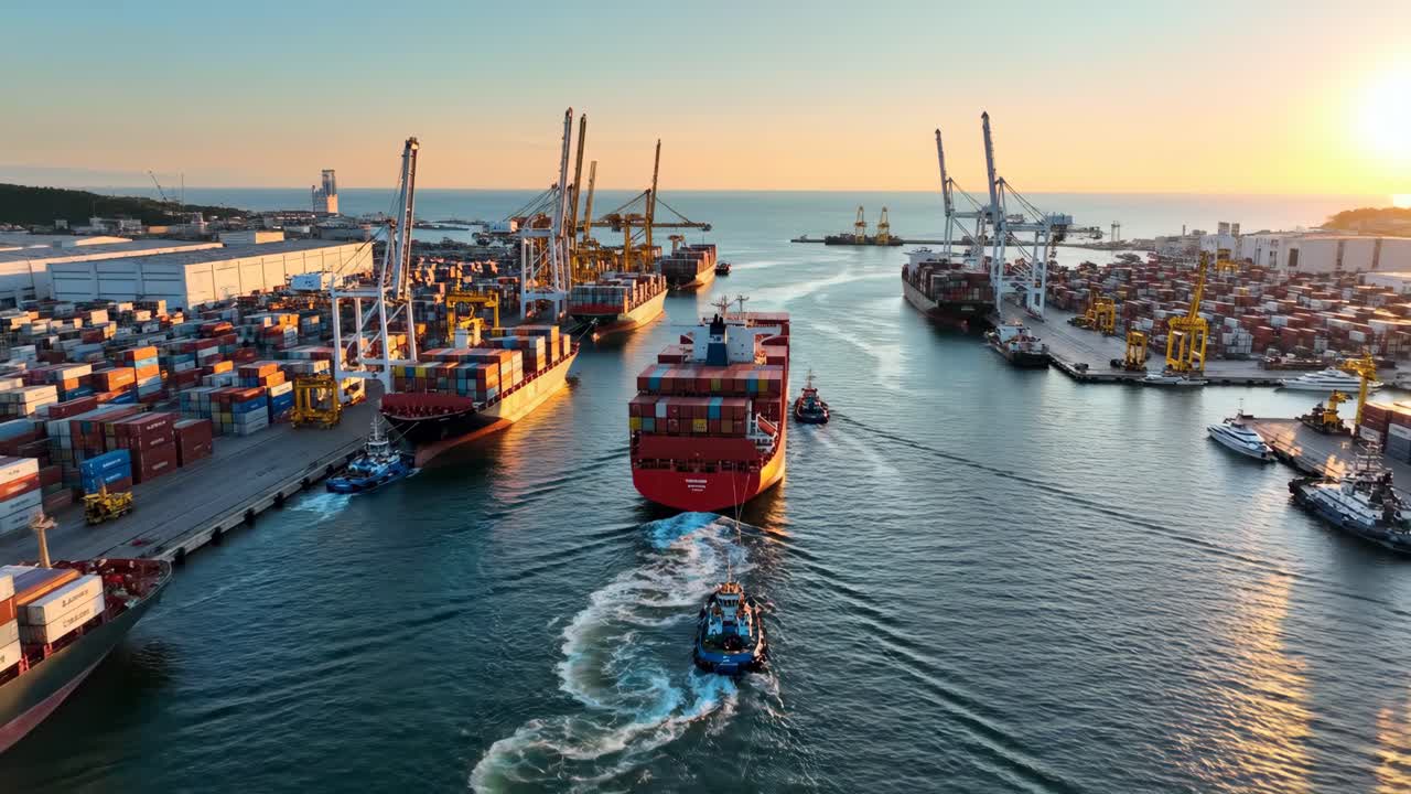 Aerial View of Container Ship Navigating Busy Cargo Port at Sunset