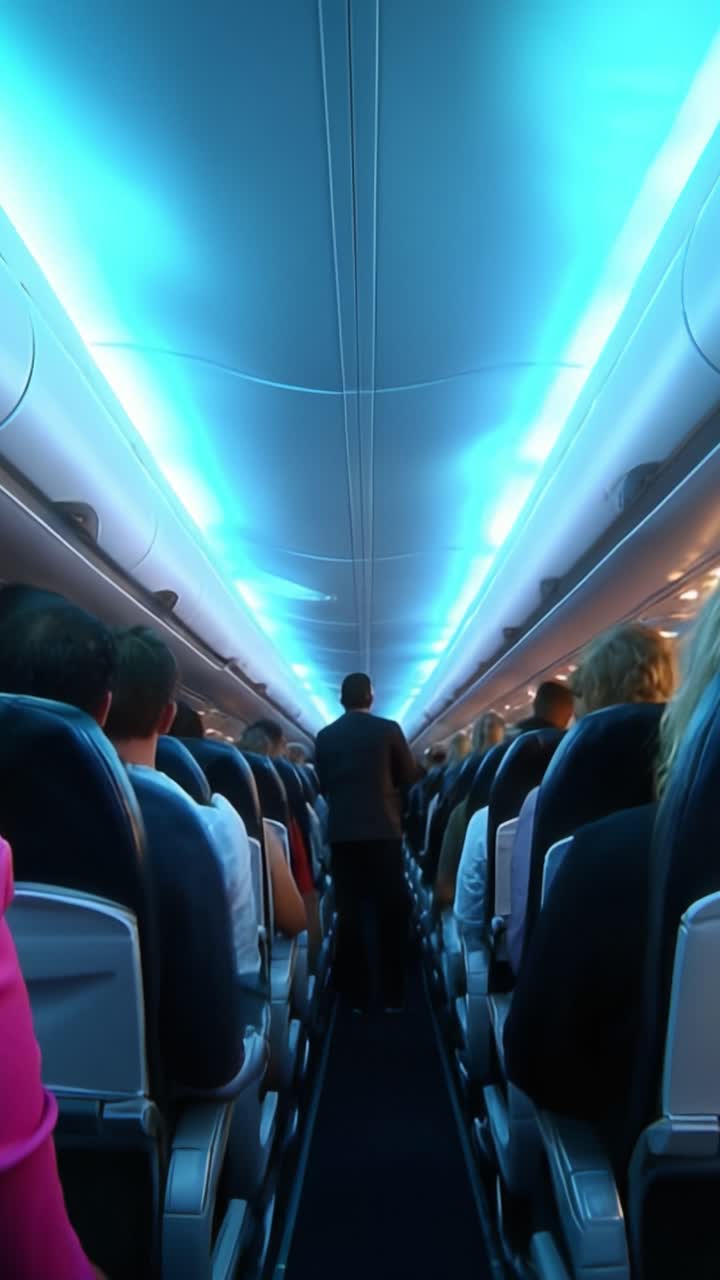 Vista interior de una moderna cabina de avión durante el vuelo mostrando pasajeros sentados en filas bajo iluminación ambiental azul con una azafata en el pasillo