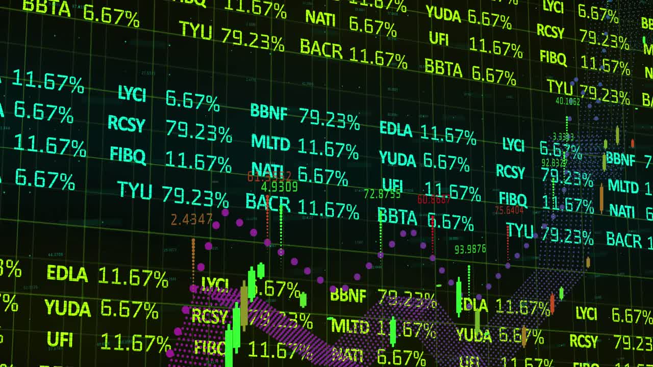 Animazione di elaborazione di dati finanziari e grafico su sfondo scuro