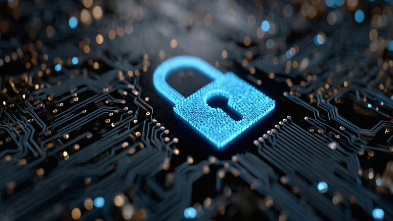 An Intricate Digital Landscape Showcasing a Futuristic Lock Symbol Against a Complex Circuitry Background, Highlighting Themes of Security and Technology Innovation