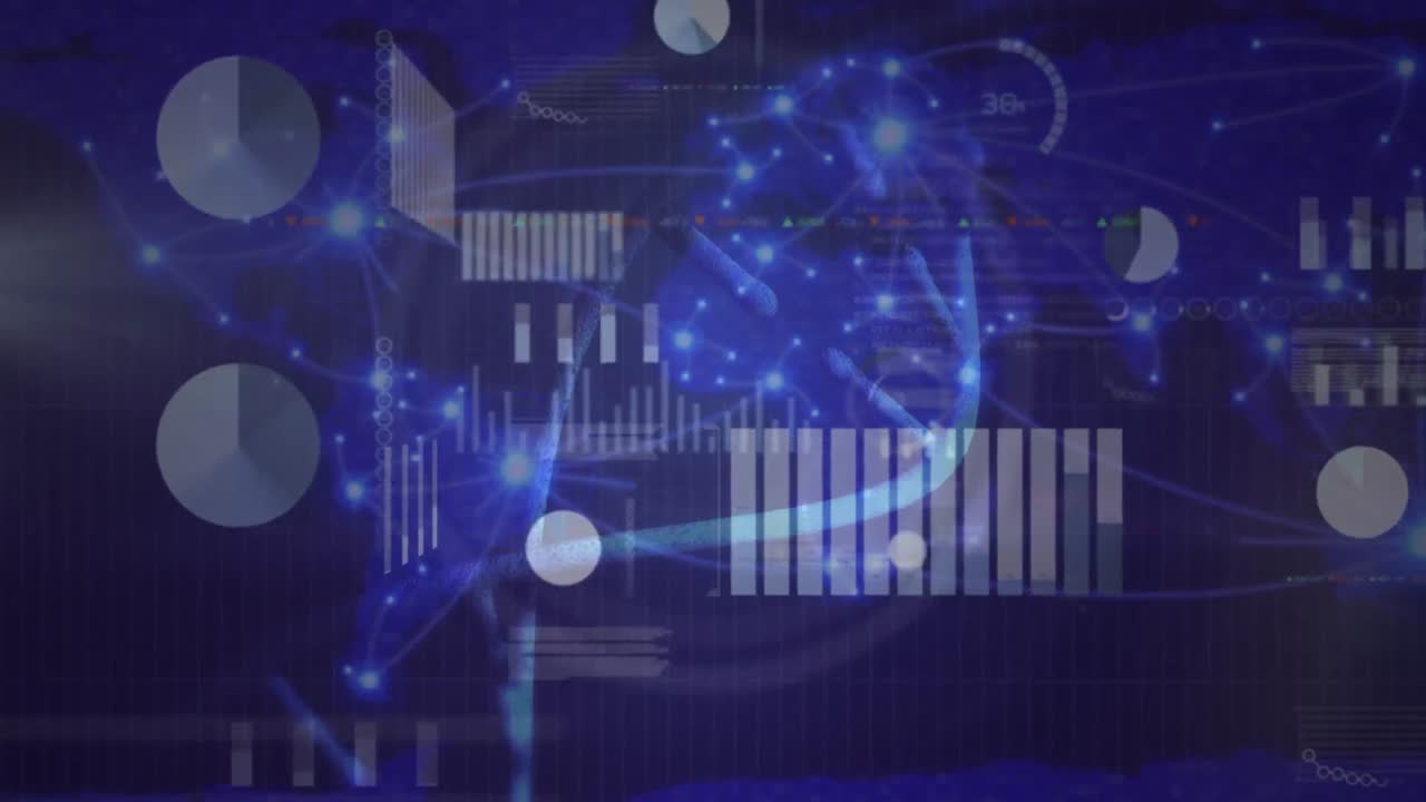 Animation of infographic interface with dna helix over illuminated lights in background