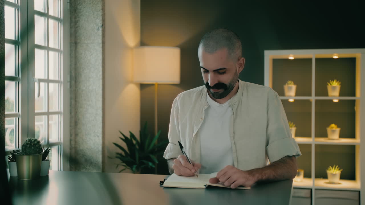 Good-looking motivated Caucasian biographer or novelist author handwrites a biography, romance, or novel in a small notebook