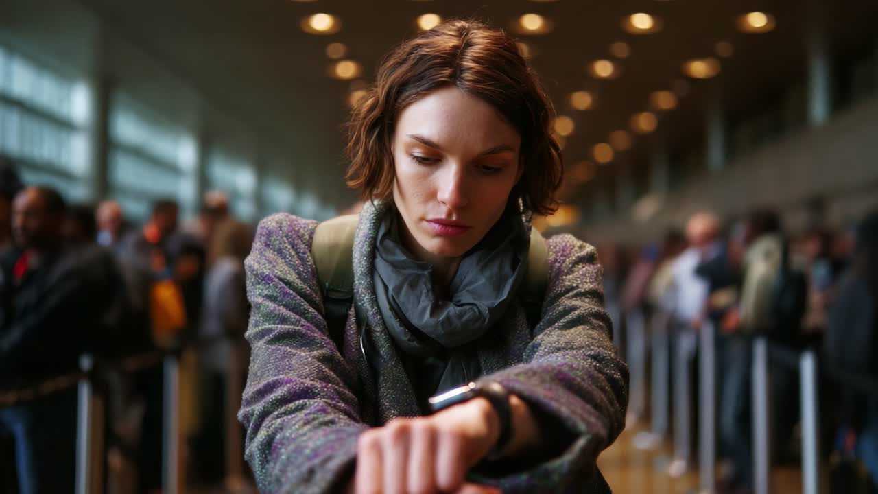 A woman watches the time impatiently while waiting in a long queue, reflecting the stress and frustration of travel in crowded spaces amidst fellow travelers