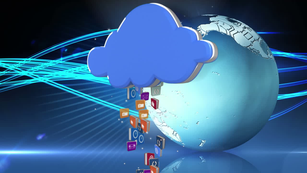 Animation of media icons over globe