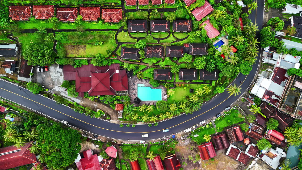 Aerial view of tropical resort and lush greenery in Lombok, Indonesia
