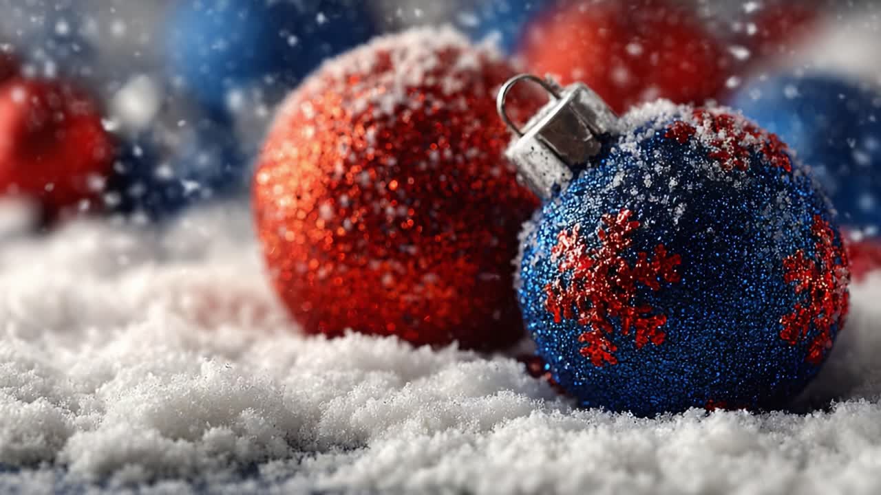 Celebratory Ornaments Nestled in a Blanket of Snow, Enhancing the Festive Spirit with Vibrant Colors and Textures in a Winter Wonderland Setting