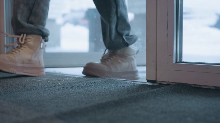 Person in Boots Entering Building from Snowy Outdoors