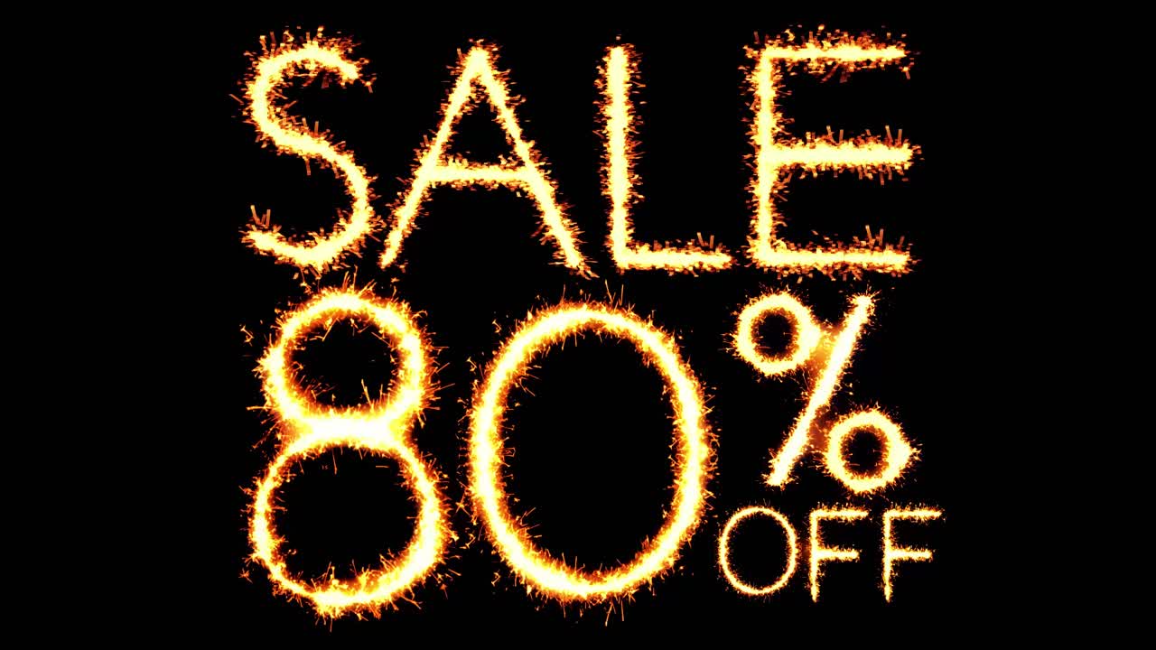 Sale 80 off text sparkler writing with glitter sparks particles firework on black 4k loop background